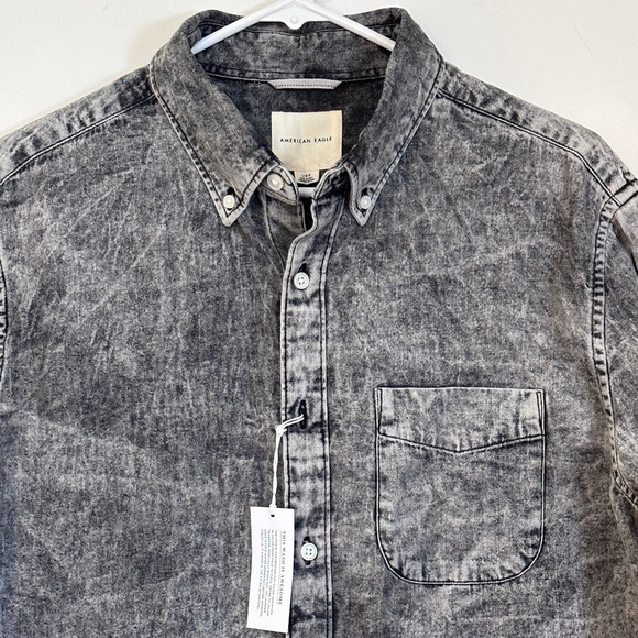 🦖AMERICAN EAGLE OUTFITTERS MEN’S  BLACK WASH DENIM SHIRT SIZE-L - Picture 4 of 9